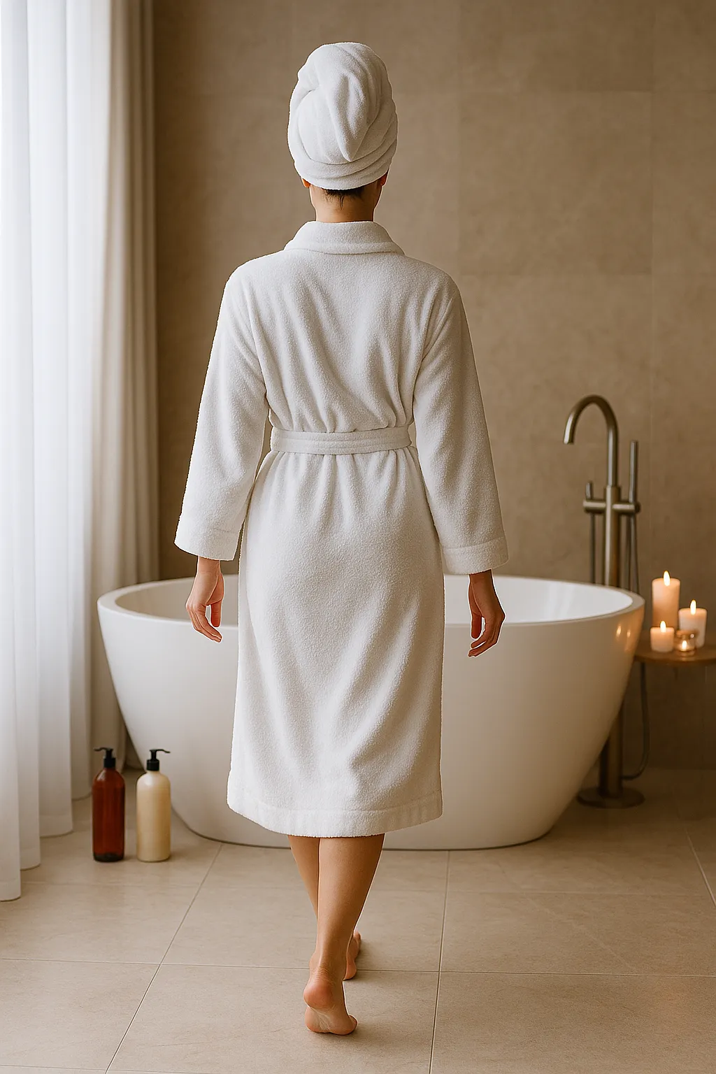 Eine Frau sitzt vor einer Badewanne, neben der aromatische Kerzen stehen, und daneben sind Badezusätze